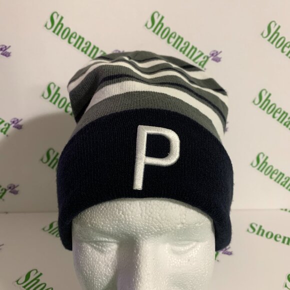 PUMA Beanie P Stripe Hat Cuffed Knit Cap Enjoy Golf Navy Blue White One Size - Picture 1 of 4